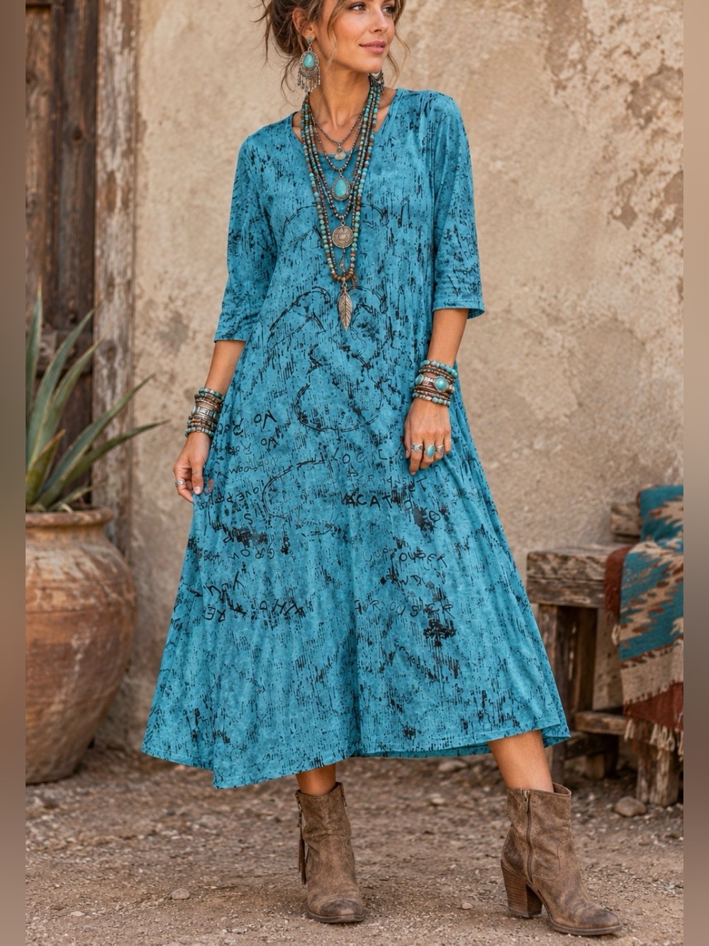 Boho Teal Blue Printed Midi Dress